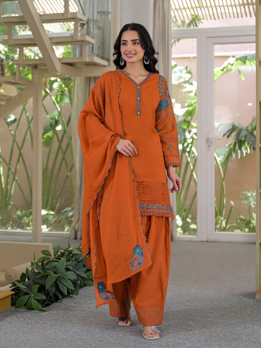 Rust Pure Cotton Embroidered Kurta with Farsi Salwar & Dupatta Set – Festive Wear