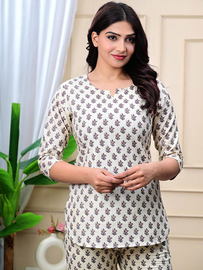 Beige Cotton Co-ord Set with Ethnic Buta Print – Casual Wear