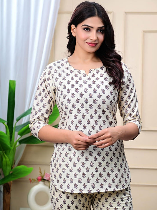 Beige Cotton Co-ord Set with Ethnic Buta Print – Casual Wear