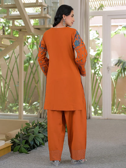 Rust Pure Cotton Embroidered Kurta with Farsi Salwar & Dupatta Set – Festive Wear
