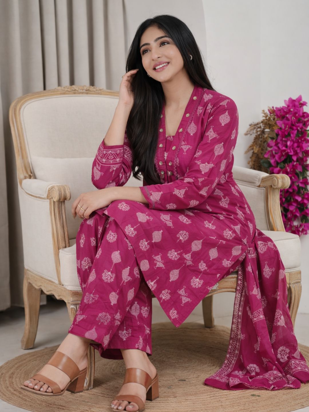 Rani Pink Jaipuri Cotton  A-Line Kurta Set with Ethnic Print