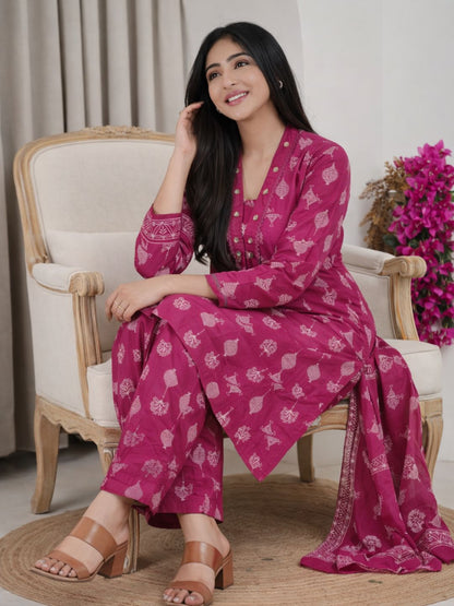 Rani Pink Jaipuri Cotton  A-Line Kurta Set with Ethnic Print