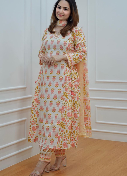 Cream Peach Cotton Afghani Suit Set with Floral Print – Ethnic Wear