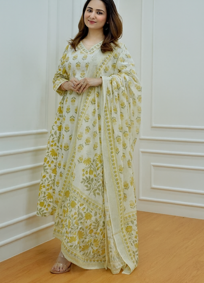 Cream Yellow Cotton Afghani Suit Set with Floral Print – Ethnic Wear