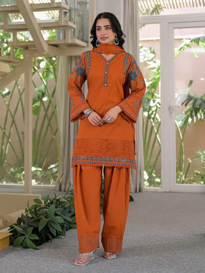 Rust Pure Cotton Embroidered Kurta with Farsi Salwar & Dupatta Set – Festive Wear