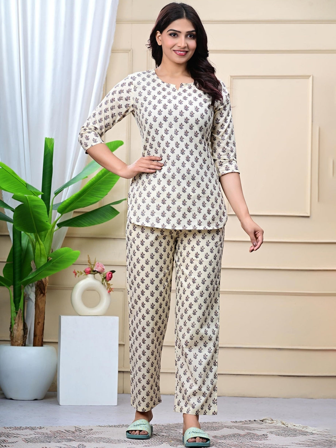 Beige Cotton Co-ord Set with Ethnic Buta Print – Casual Wear