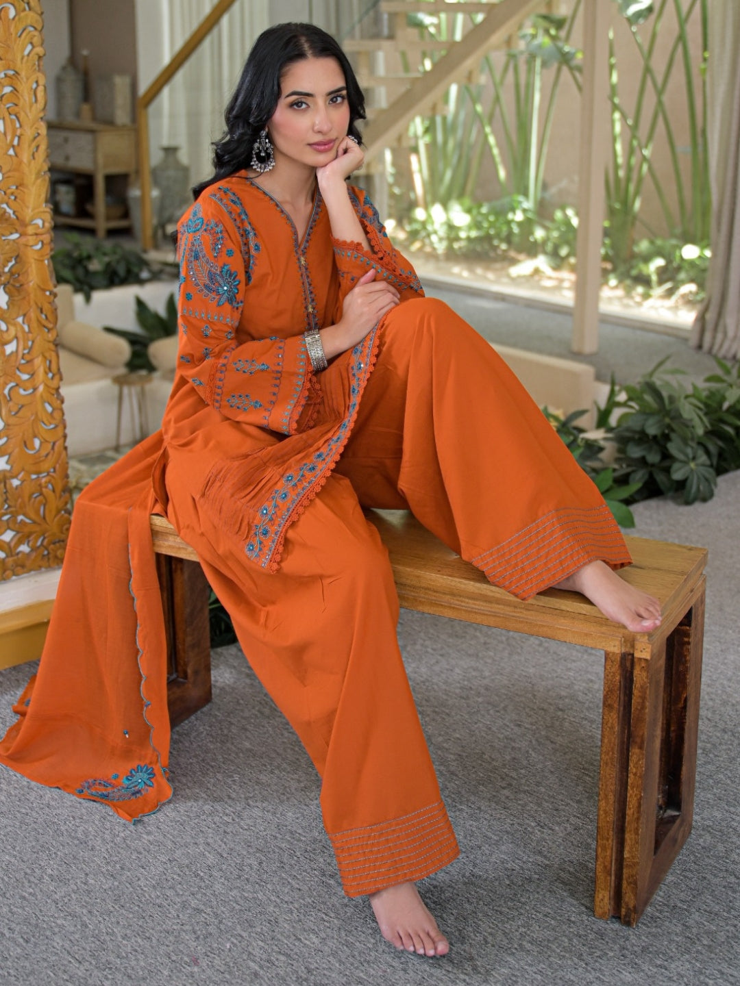 Rust Pure Cotton Embroidered Kurta with Farsi Salwar & Dupatta Set – Festive Wear