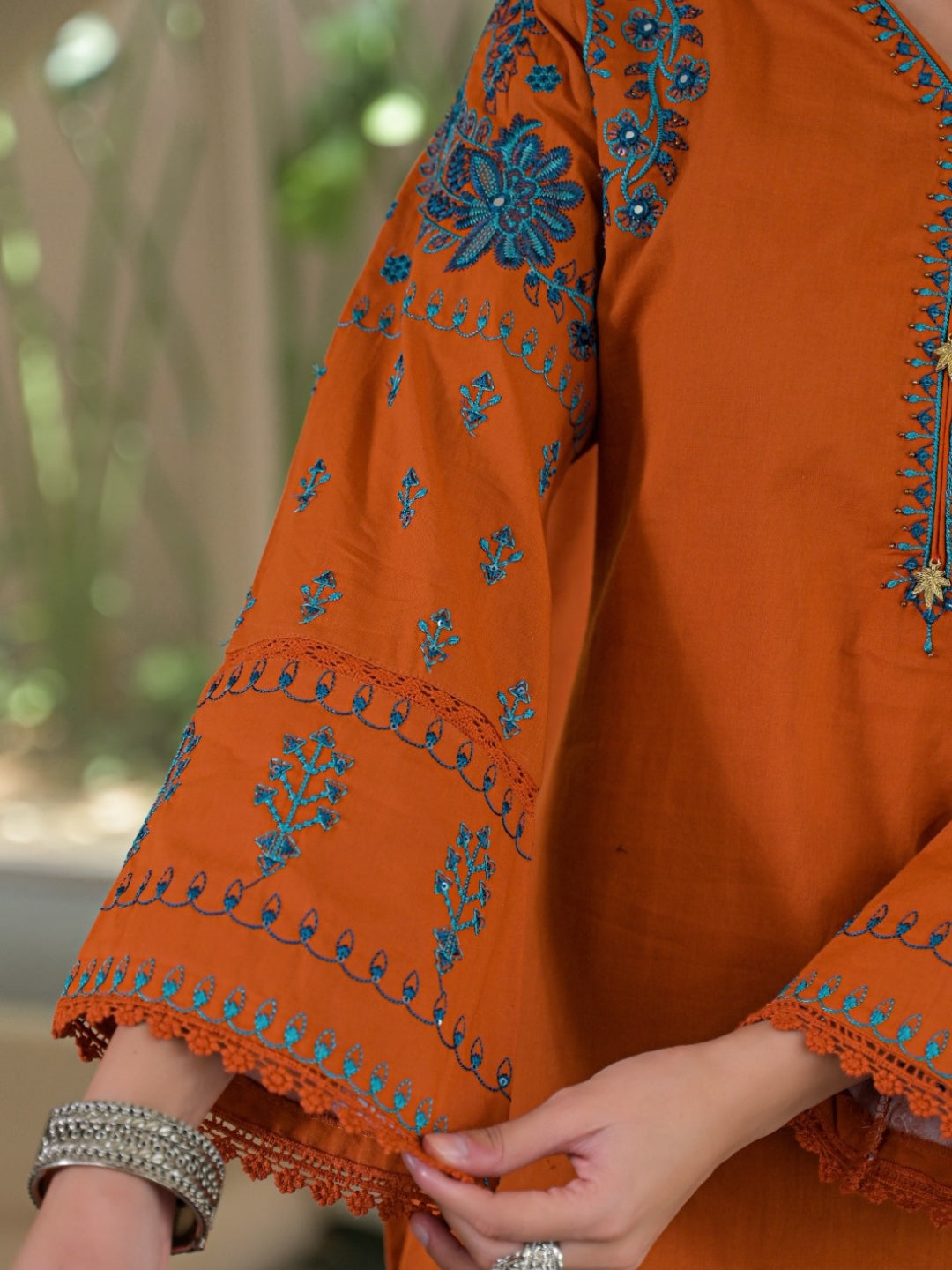 Rust Pure Cotton Embroidered Kurta with Farsi Salwar & Dupatta Set – Festive Wear