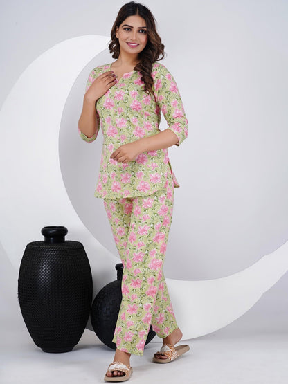 Light Green Cotton Co-ord Set with Floral Print – Casual Wear