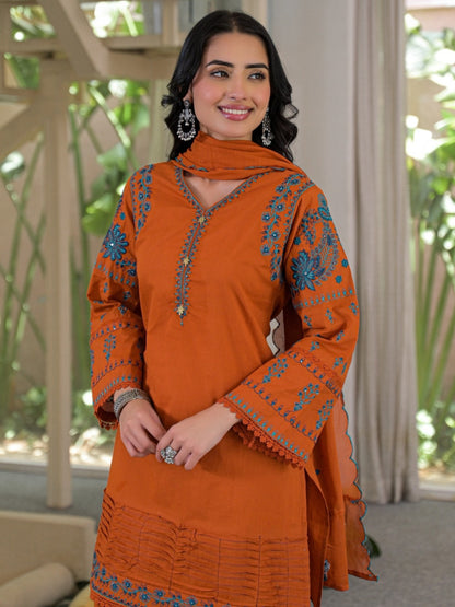 Rust Pure Cotton Embroidered Kurta with Farsi Salwar & Dupatta Set – Festive Wear