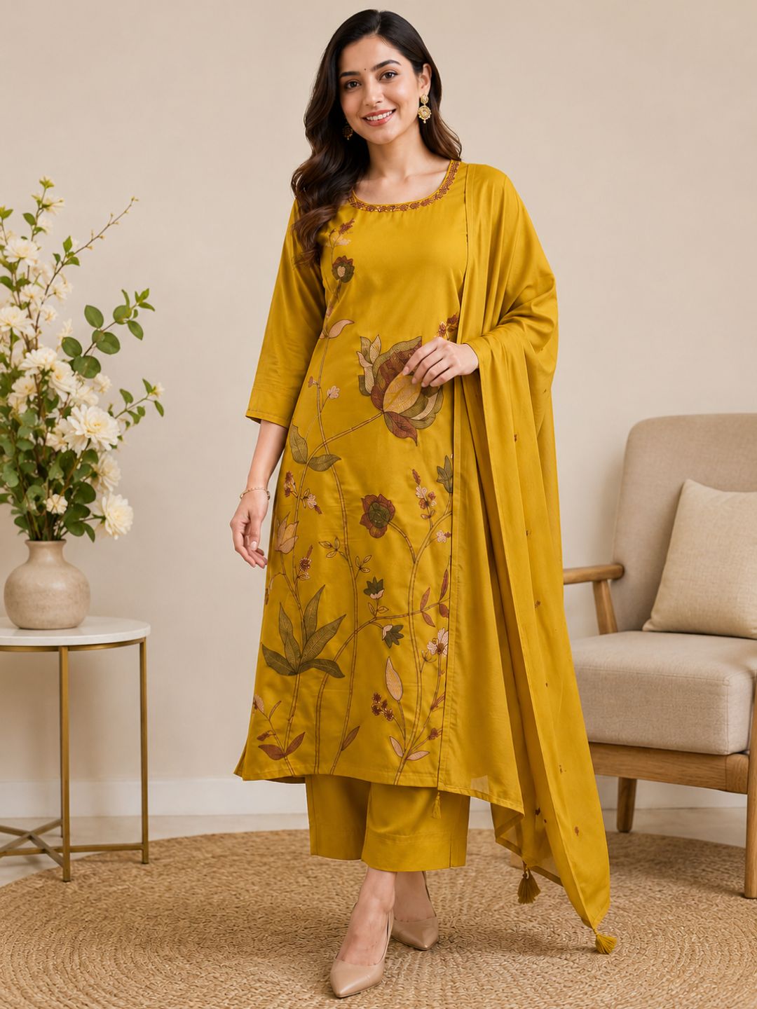 Mustard Yellow Mul Cotton Floral Embroidered Kurta Set with Dupatta