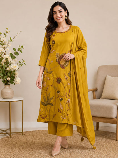 Mustard Yellow Mul Cotton Floral Embroidered Kurta Set with Dupatta