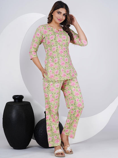 Light Green Cotton Co-ord Set with Floral Print – Casual Wear
