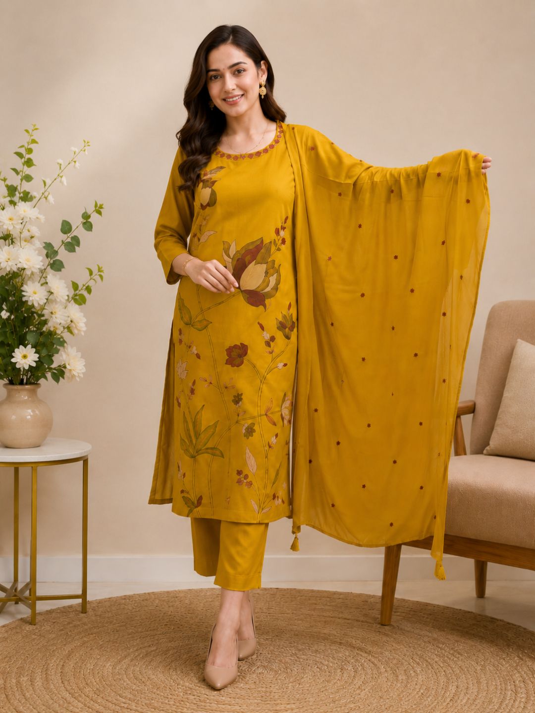 Mustard Yellow Mul Cotton Floral Embroidered Kurta Set with Dupatta
