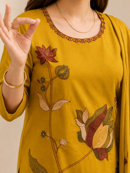 Mustard Yellow Mul Cotton Floral Embroidered Kurta Set with Dupatta