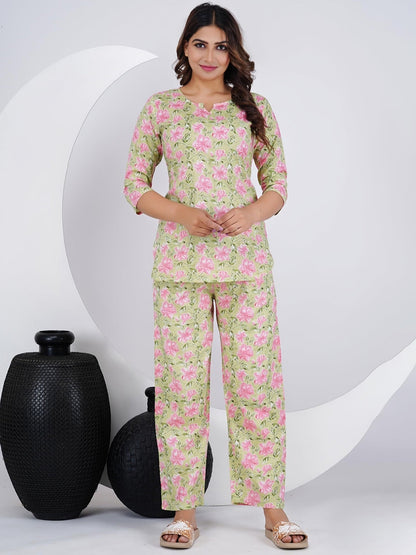 Light Green Cotton Co-ord Set with Floral Print – Casual Wear