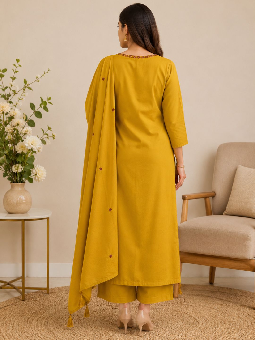 Mustard Yellow Mul Cotton Floral Embroidered Kurta Set with Dupatta
