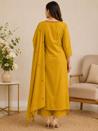 Mustard Yellow Mul Cotton Floral Embroidered Kurta Set with Dupatta