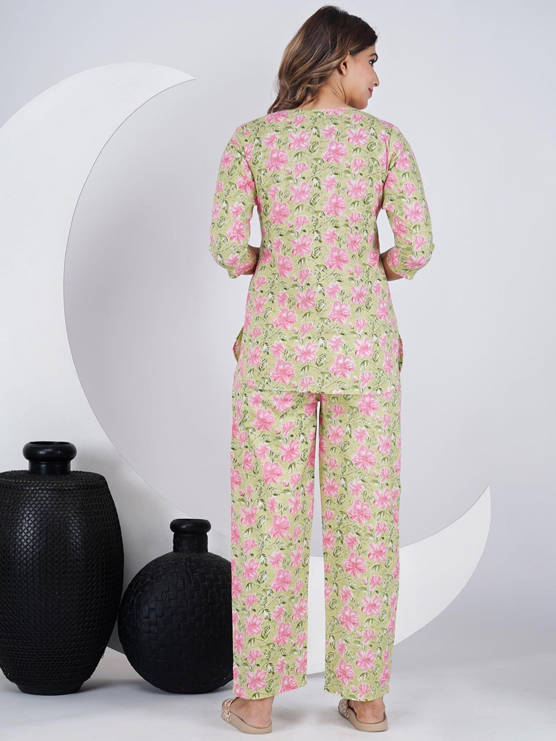 Light Green Cotton Co-ord Set with Floral Print – Casual Wear