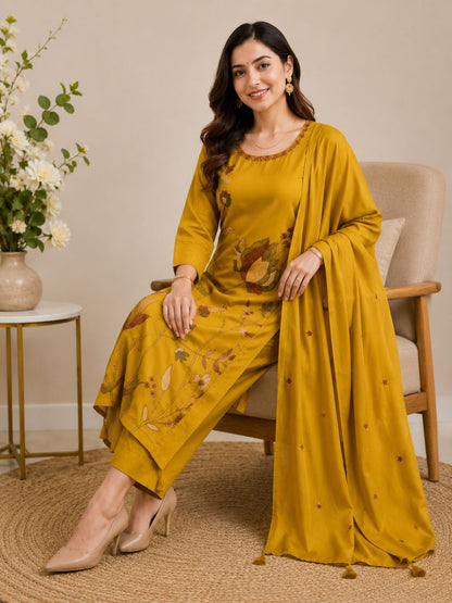 Mustard Yellow Mul Cotton Floral Embroidered Kurta Set with Dupatta