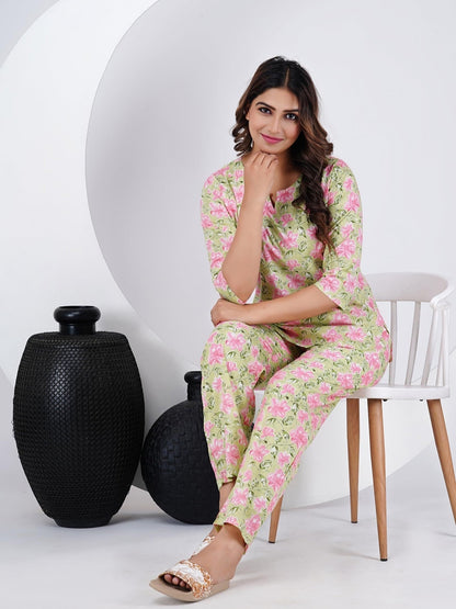 Light Green Cotton Co-ord Set with Floral Print – Casual Wear