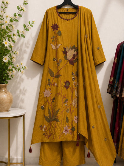 Mustard Yellow Mul Cotton Floral Embroidered Kurta Set with Dupatta
