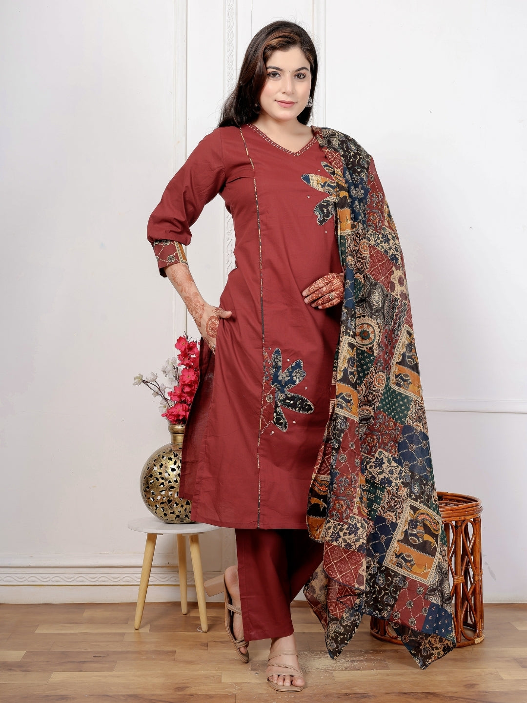 Maroon Cotton Kurta Set with Patch Handwork and Printed Dupatta – Ethnic Wear