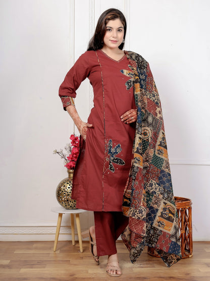Maroon Cotton Kurta Set with Patch Handwork and Printed Dupatta – Ethnic Wear