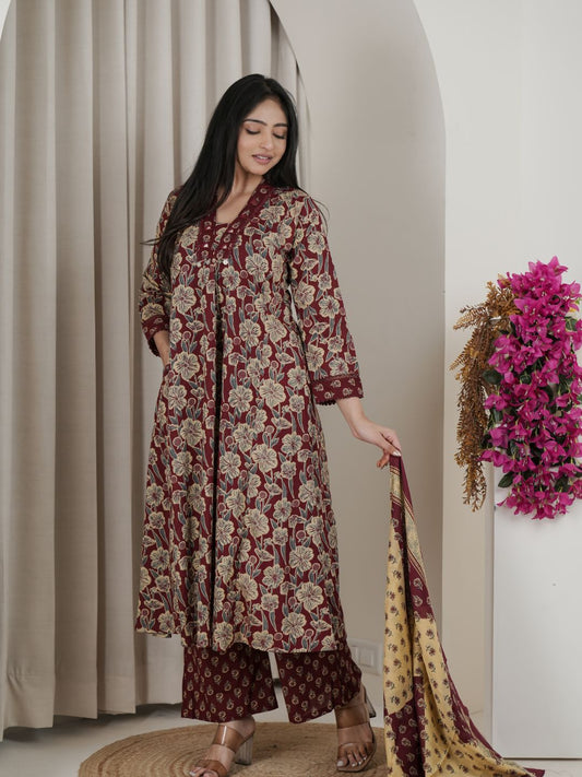 Wine Floral Jaipuri Cotton A-line Kurta Set with Printed Dupatta