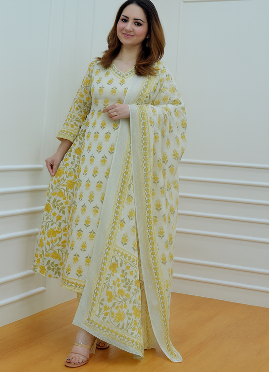 Cream Yellow Cotton Afghani Suit Set with Floral Print – Ethnic Wear