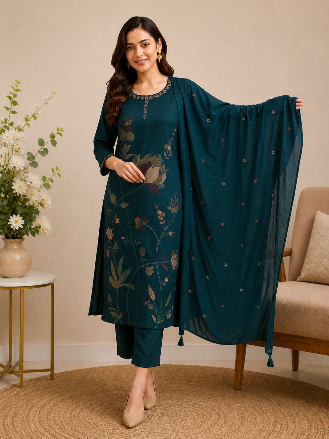 Teal Green Mul Cotton Floral Embroidered Kurta Set with Dupatta