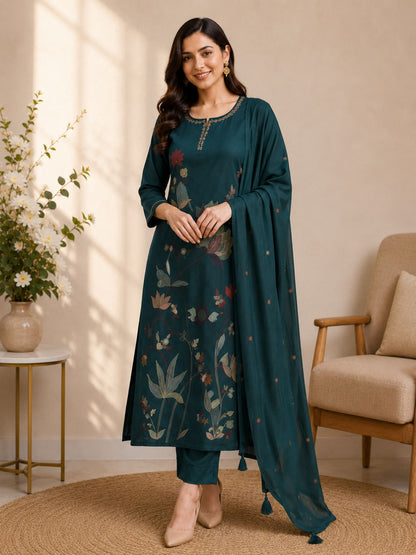 Teal Green Mul Cotton Floral Embroidered Kurta Set with Dupatta