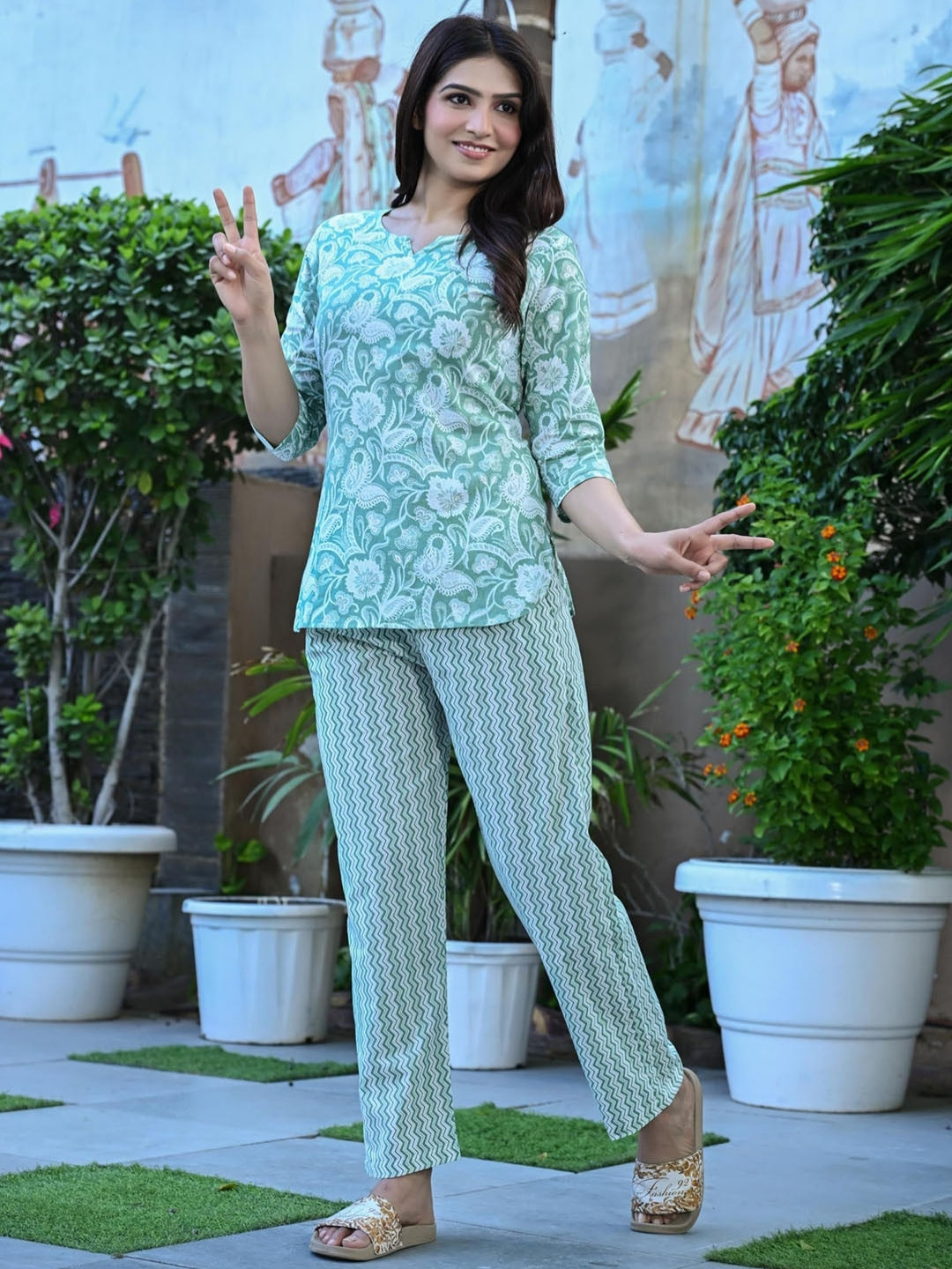 Mint Green Cotton Co-ord Set with Floral Print – Casual Wear