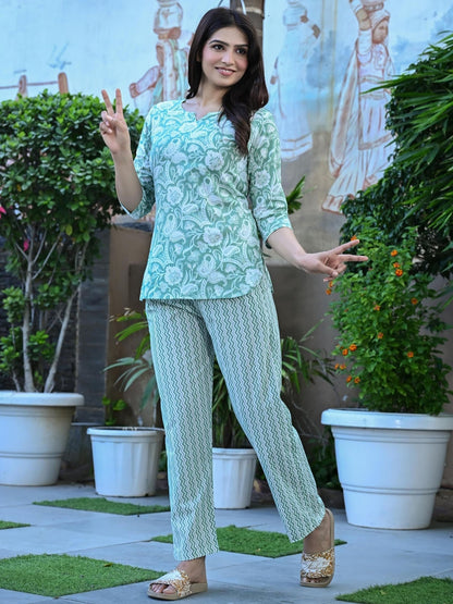 Mint Green Cotton Co-ord Set with Floral Print – Casual Wear