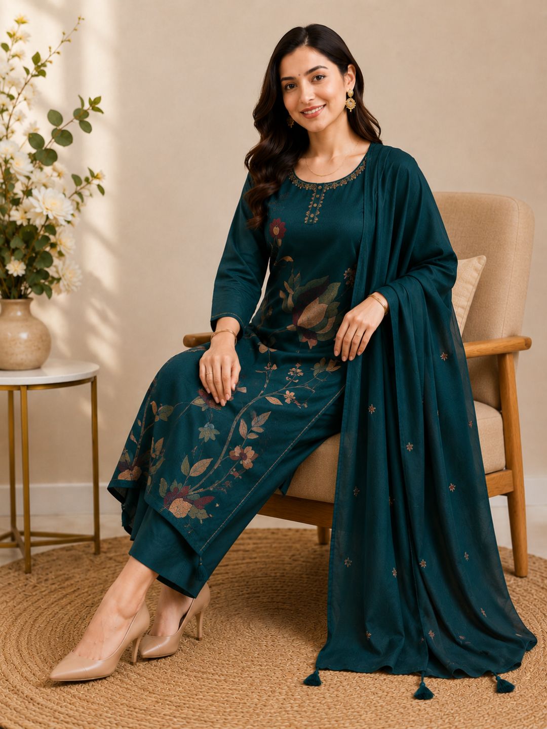 Teal Green Mul Cotton Floral Embroidered Kurta Set with Dupatta