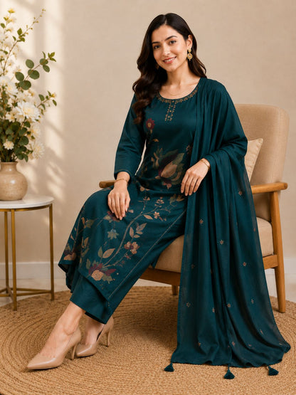 Teal Green Mul Cotton Floral Embroidered Kurta Set with Dupatta