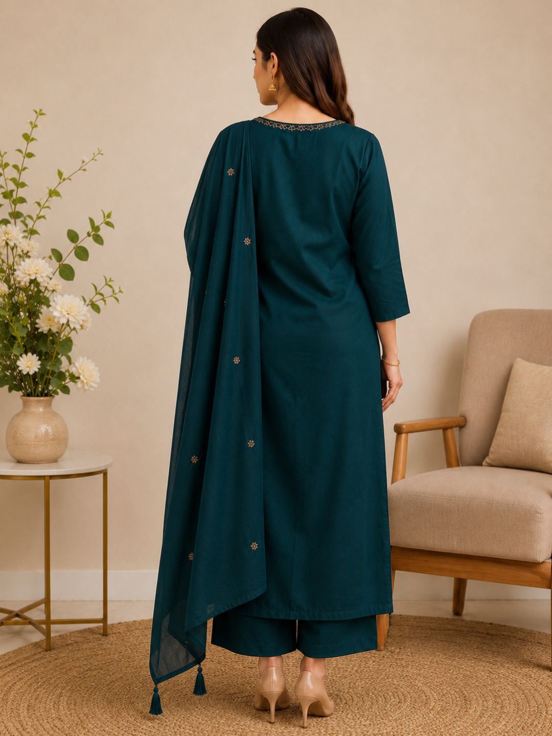 Teal Green Mul Cotton Floral Embroidered Kurta Set with Dupatta