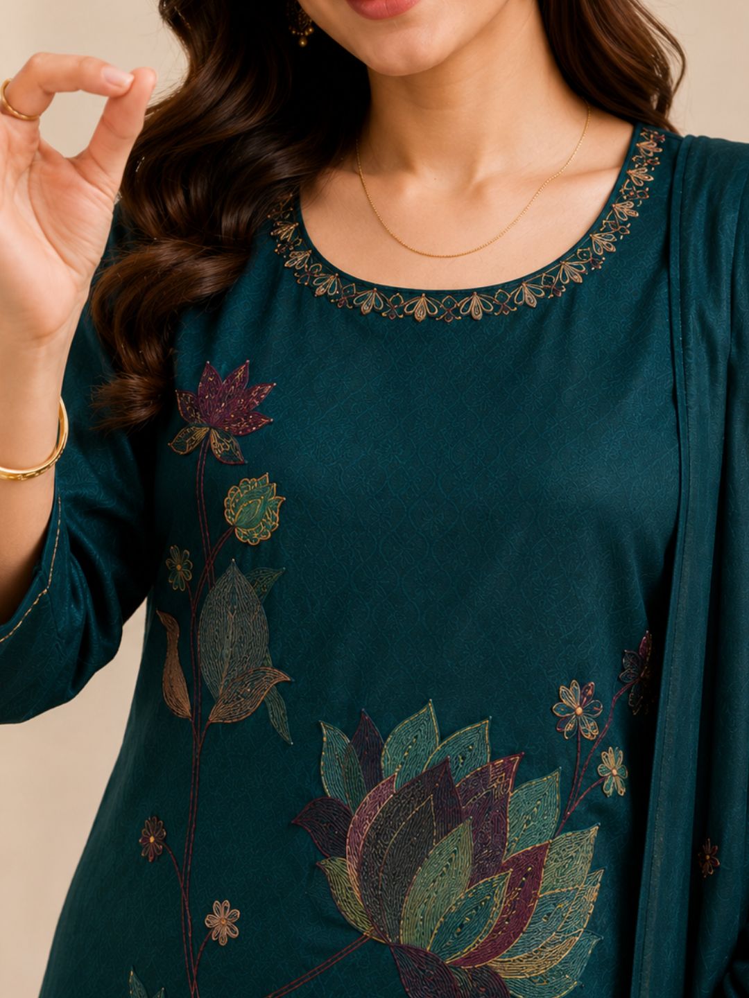 Teal Green Mul Cotton Floral Embroidered Kurta Set with Dupatta