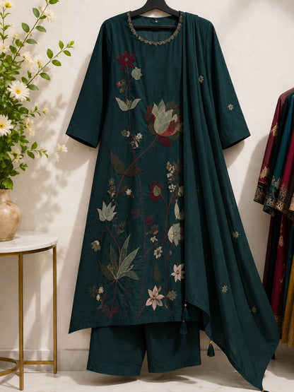 Teal Green Mul Cotton Floral Embroidered Kurta Set with Dupatta