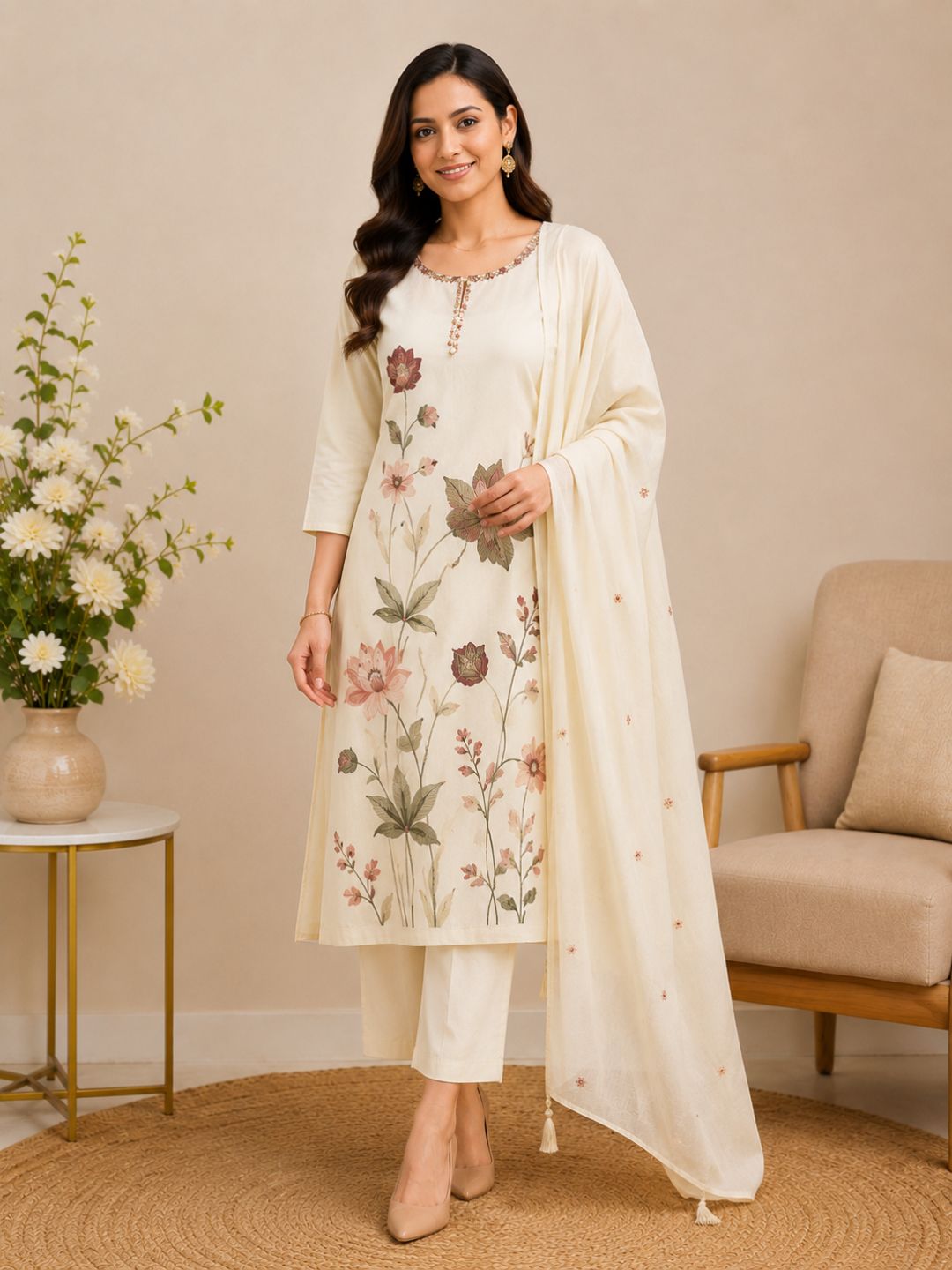 Cream Mul Cotton Floral Embroidered Kurta Set with Dupatta