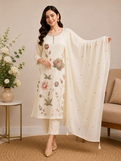 Cream Mul Cotton Floral Embroidered Kurta Set with Dupatta