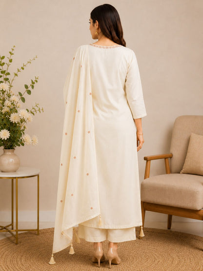 Cream Mul Cotton Floral Embroidered Kurta Set with Dupatta