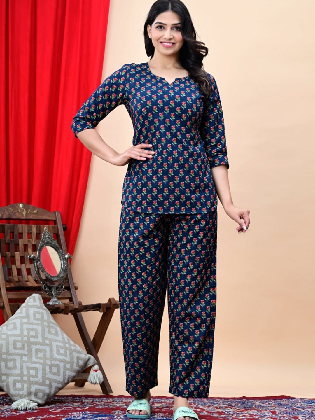 Navy Blue Cotton Co-ord Set with Floral Buta Print – Casual Wear