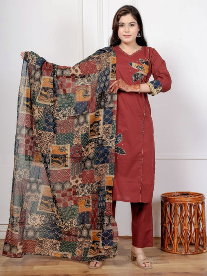 Maroon Cotton Kurta Set with Patch Handwork and Printed Dupatta – Ethnic Wear
