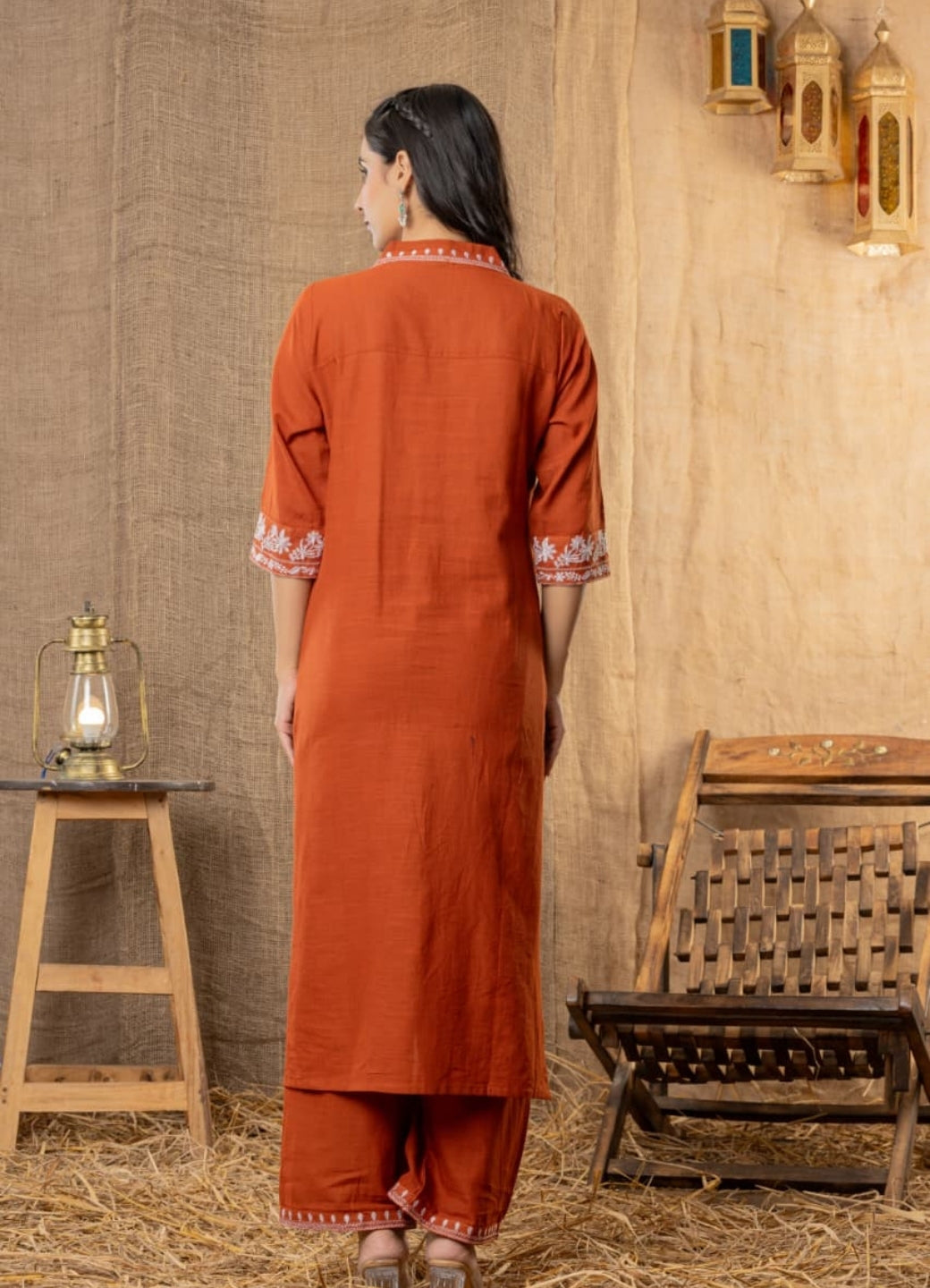 Rust Orange Cotton Slub Kurta Set with Pockets