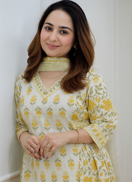Cream Yellow Cotton Afghani Suit Set with Floral Print – Ethnic Wear