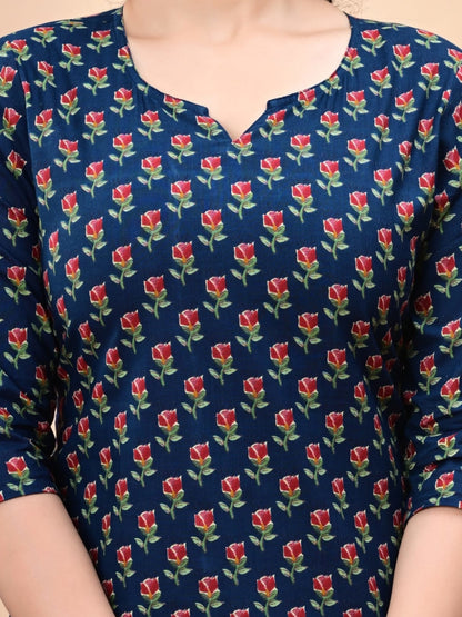 Navy Blue Cotton Co-ord Set with Floral Buta Print – Casual Wear