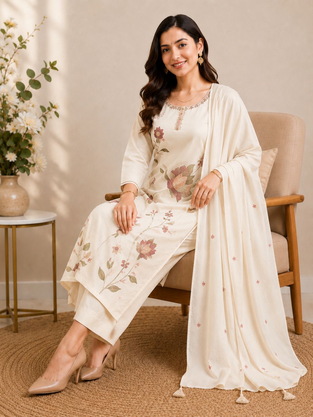 Cream Mul Cotton Floral Embroidered Kurta Set with Dupatta