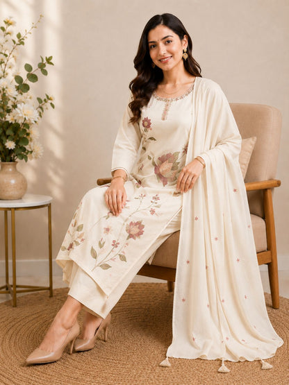 Cream Mul Cotton Floral Embroidered Kurta Set with Dupatta
