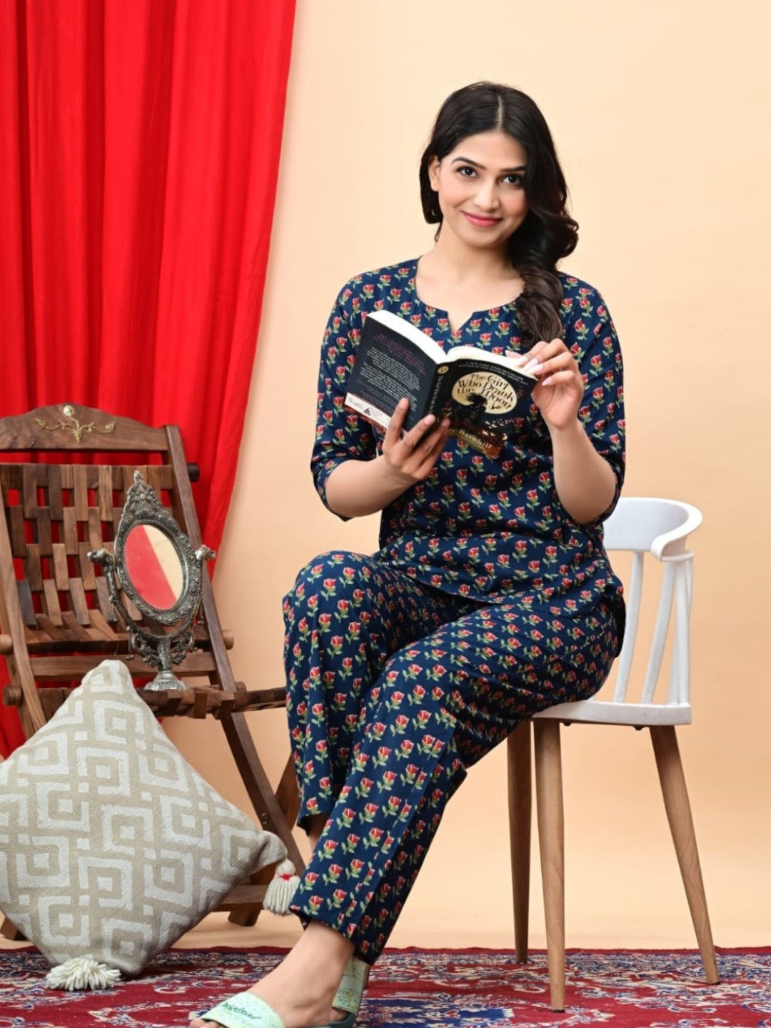 Navy Blue Cotton Co-ord Set with Floral Buta Print – Casual Wear